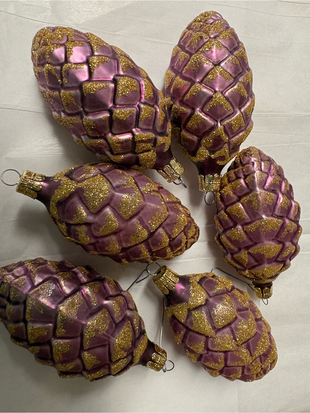 Vintage Purple Glitter Pinecone Holiday Ornaments - Set of 6